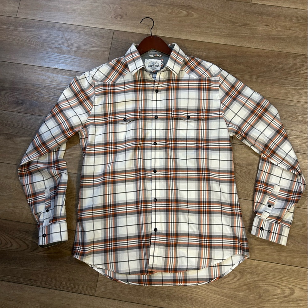 Express Fitted Plaid Snap Button Shirt Large Cotton Western Style Size L